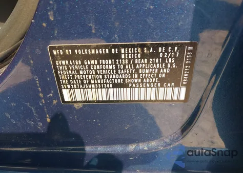 2017 Volkswagen Jetta 1.4T S z USA, uszkodzony, nr VIN 3VW2B7AJ5HM331360